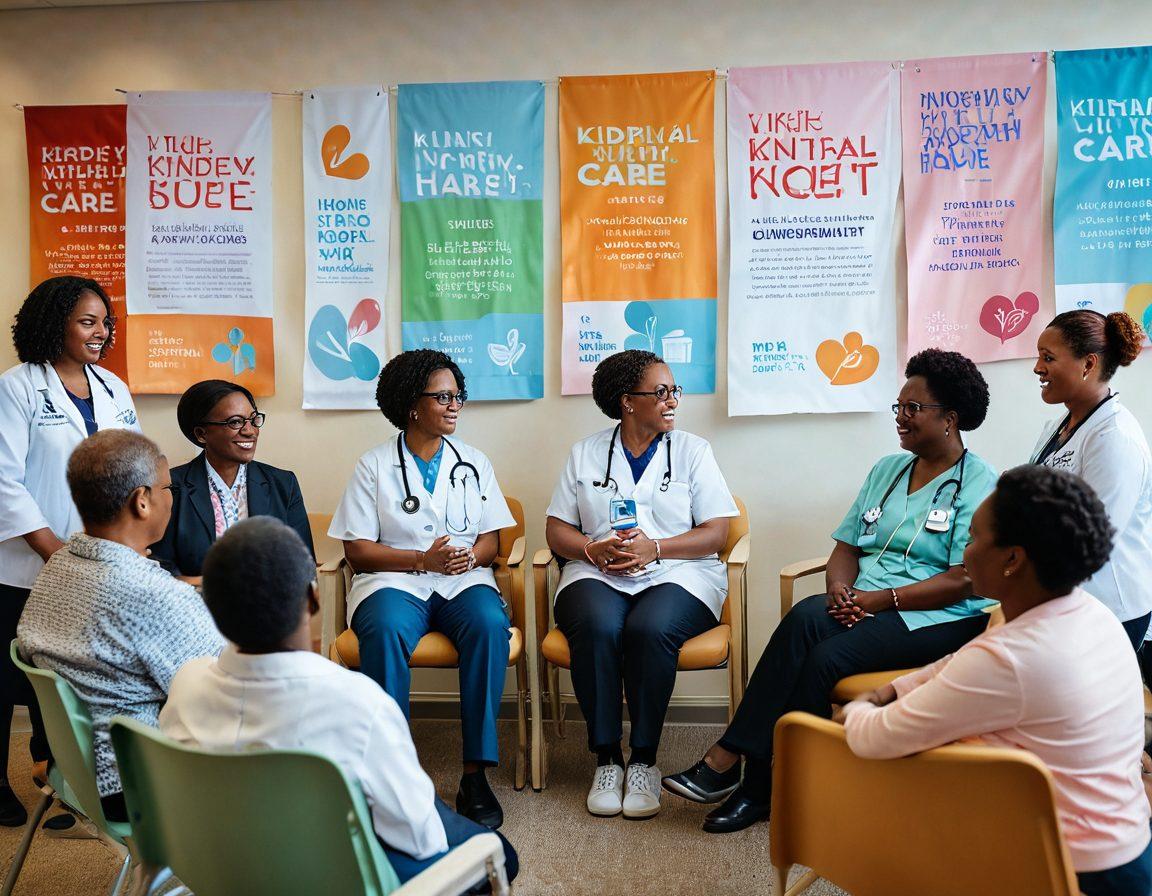 A diverse group of patients and advocates gathered in a caring environment, engaging in an animated discussion about kidney health. Highlight the warmth and support in their expressions, with visual symbols of advocacy like banners or pamphlets in the background. Use soft colors to convey hope and empowerment while incorporating elements like kidneys or medical symbols to emphasize the theme of ethical care. super-realistic. vibrant colors. 3D.