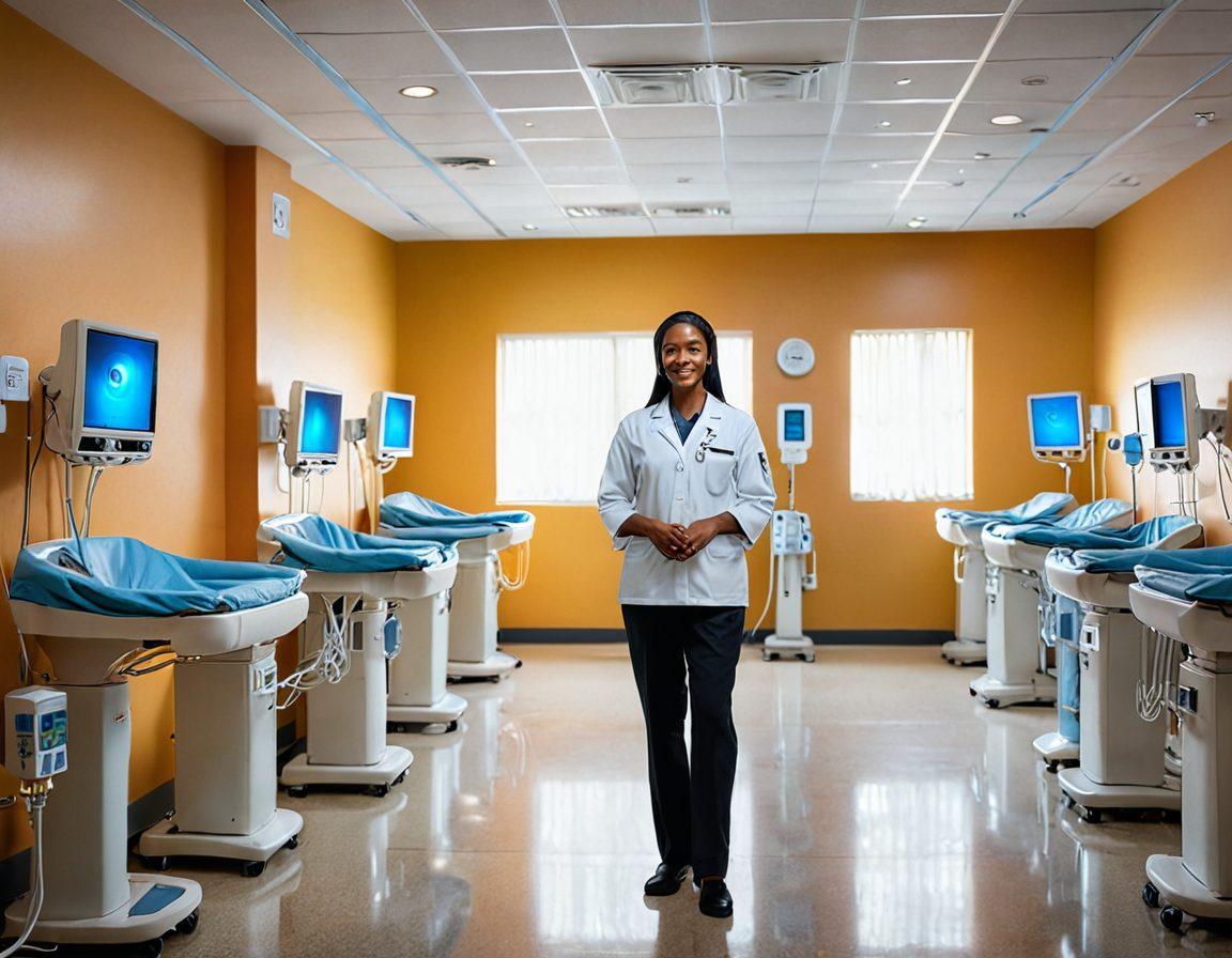 A compassionate healthcare professional guiding a diverse group of patients through a modern dialysis facility. Emphasize serene expressions on faces, highlighting trust and care, with soft lighting enhancing the dignity of the environment. Include high-tech dialysis machines in the background, symbolizing quality in treatment. vibrant colors. super-realistic.